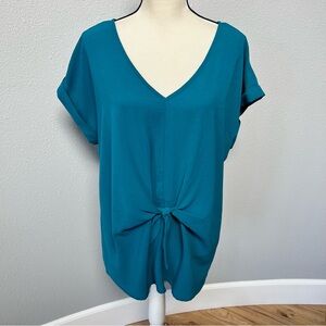 Entro Twist Front Blouse Teal/Turquoise V-neck, Short Rolled Sleeve Twist-Knot